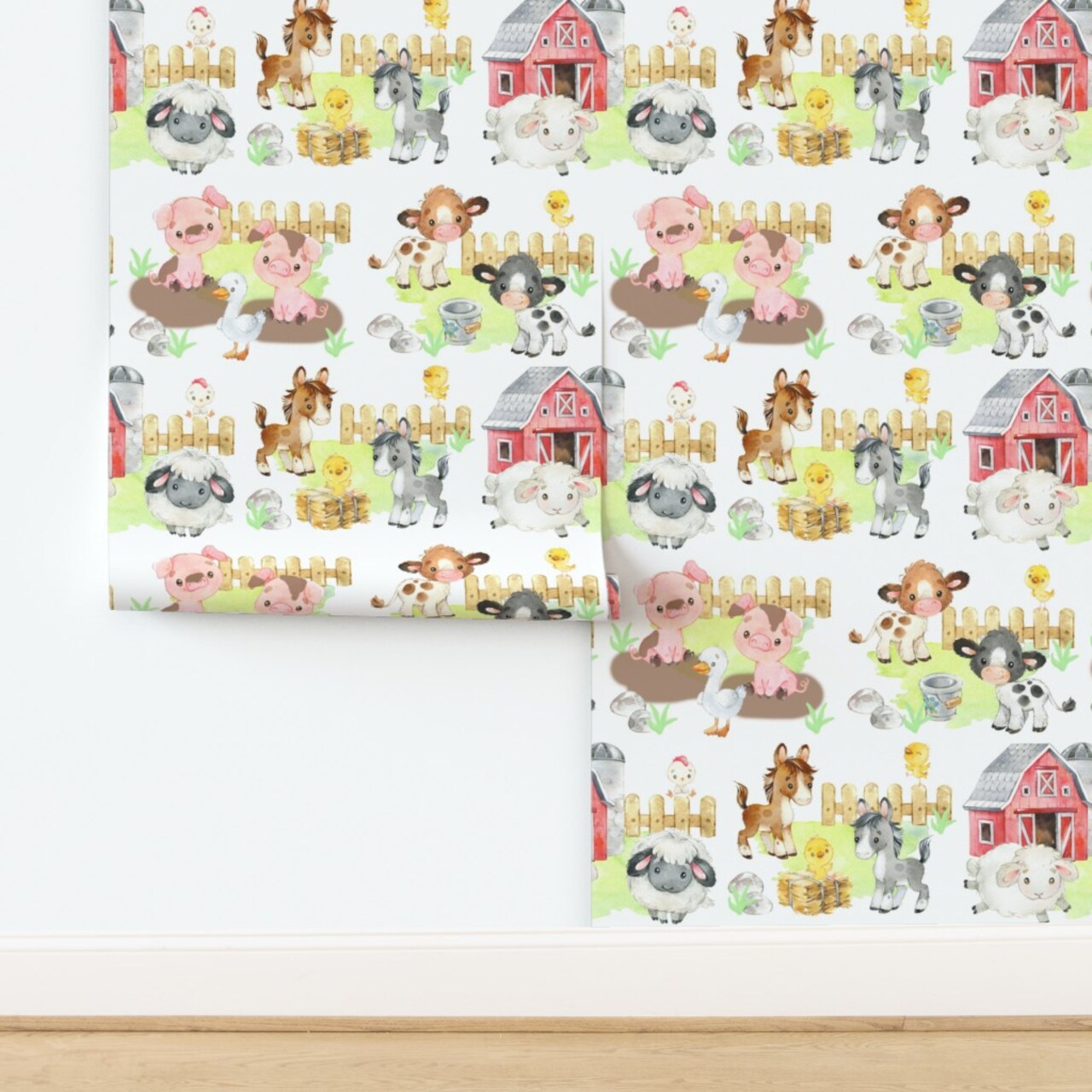 Farm Animals Baby Barnyard Watercolor Custom Removable Wallpaper by Spoonflower Peel & Stick Wallpaper 2FT Wide